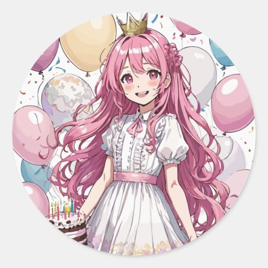Anime meisje Verjaardag Ronde Sticker (Voorkant)