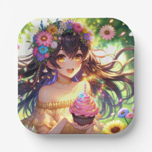 Anime Meisje Verjaardagscupcake Papieren Bordje