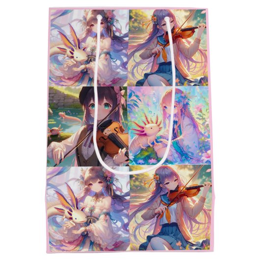 Anime Meisjes met Viool en Axolotls Verjaardag Medium Cadeauzakje (Achterkant)