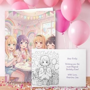 Anime Meisjes Verjaardagskaart met Kleurplaat Kaart