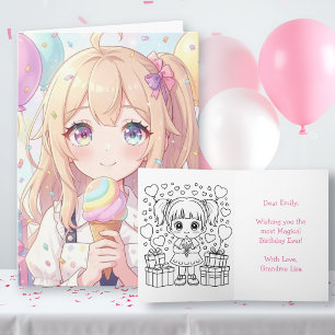 Anime Meisjes Verjaardagskaarten met Kleurplaat Kaart