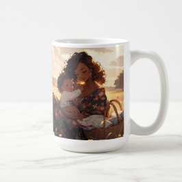 Anime moeder in een ochtend weide koffiemok