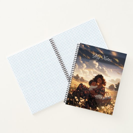 Anime moeder in een ochtend weide notitieboek (Binnen)