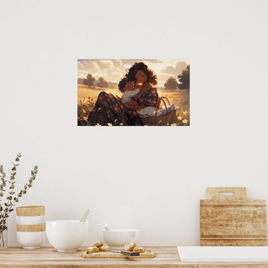 Anime moeder in een ochtend weide poster (Keuken)