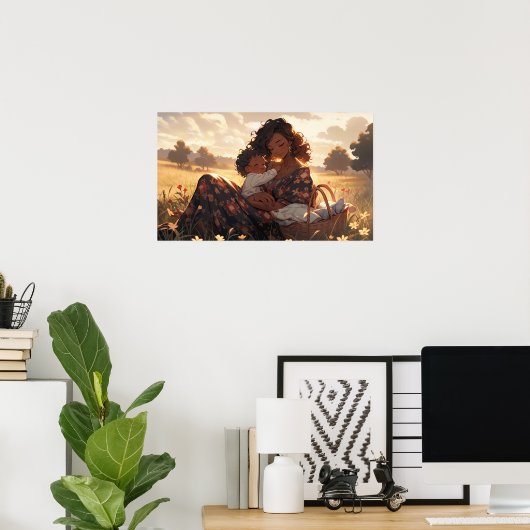 Anime moeder in een ochtend weide poster (Thuiskantoor)