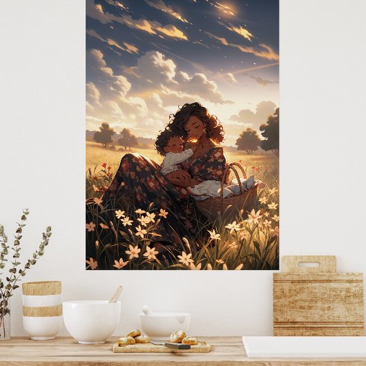 Anime moeder in een ochtendweide - Ultra hoog Poster (Keuken)