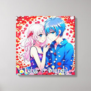 Anime paar, bloemen gepersonaliseerd canvas afdruk