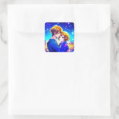 Anime Paar Knuffelen met een City Uitzicht Vierkante Sticker (Tas)