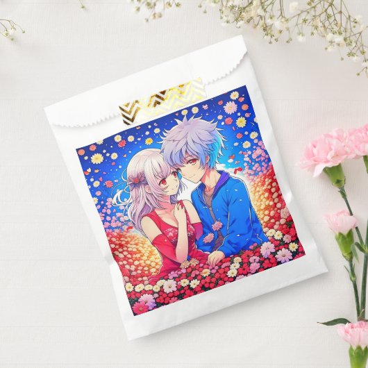 Anime Paar Liefde Bloemen en Harten Bedankzakje (Gezegeld)