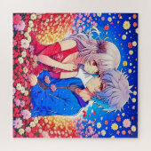 Anime Paar Liefde Bloemen en Harten Legpuzzel (Horizontaal)