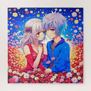 Anime Paar Liefde Bloemen en Harten Legpuzzel