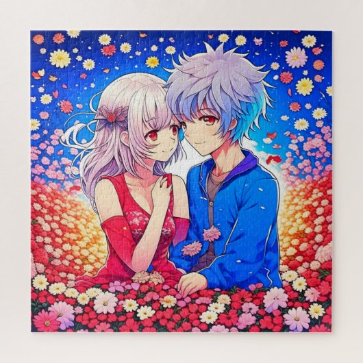 Anime Paar Liefde Bloemen en Harten Legpuzzel (Verticaal)