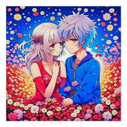 Anime Paar Liefde Bloemen en Harten Perfect Poster (Voorkant)