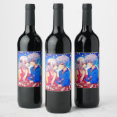 Anime Paar Liefde Bloemen en Harten Wijn Etiket (Flessen)