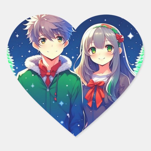 Anime Paar Romantische Kerstmis Hart Sticker (Voorkant)