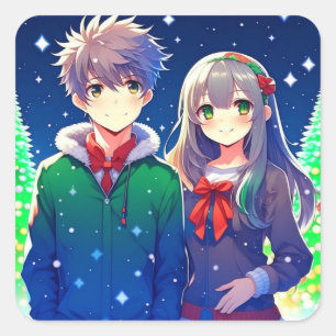 Anime Paar Romantische Kerstmis Vierkante Sticker