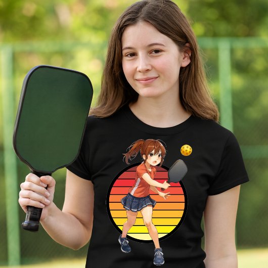 Anime Pickleball Girl On Retro Sunset Template T-shirt