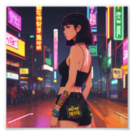 Anime Punk Meisje Cruising City Neon Lights Foto Afdruk