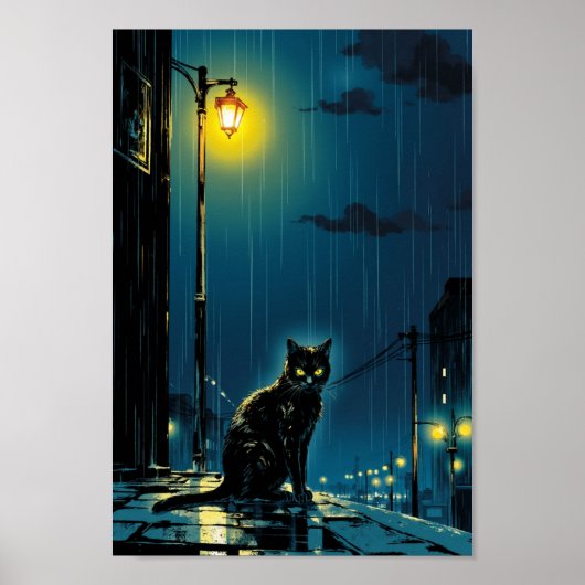 Anime Regenachtige Nacht Kat Muurkunst Poster (Voorkant)