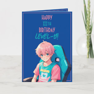 Anime Roze en Blauwe Gamer Leeftijd Verjaardag Kaart
