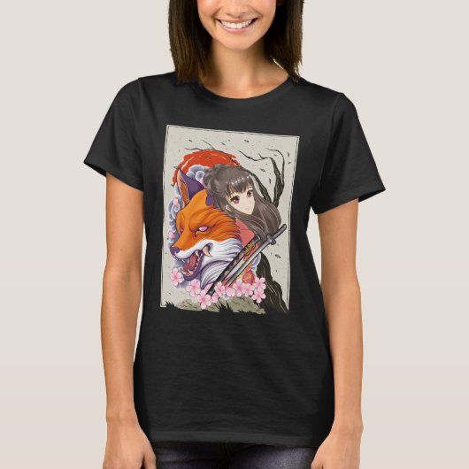 Anime Samurai Fox Otaku Japans meisje T-shirt (Voorkant)