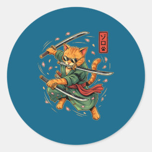 Anime Samurai Kat Drie Zwaarden Japanse Stijl Kuns Ronde Sticker