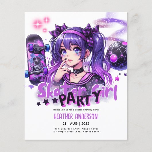 Anime Schaatsmeisje Verjaardagsfeestje Skateboarde (Voorkant)