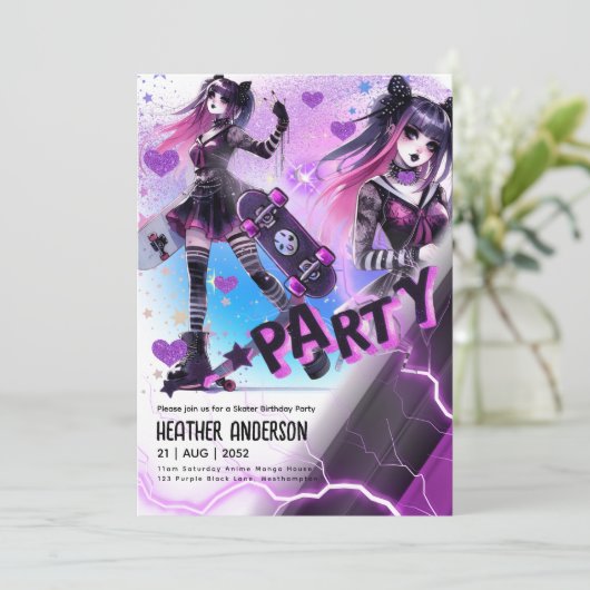 Anime Schaatsmeisje Verjaardagsfeestje Skateboarde Kaart (Staand voorkant)