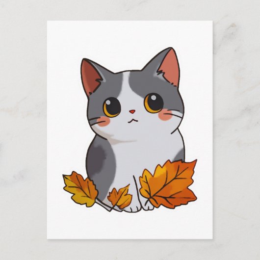 Anime schattige kat val bladeren briefkaart (Voorkant)