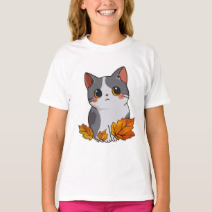 Anime schattige kat val bladeren t-shirt