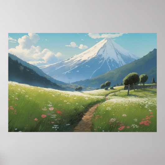 Anime schilderende wikkelpad weide onder berg poster (Voorkant)