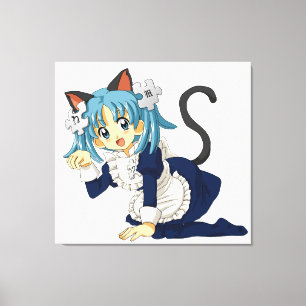 Anime Schoolgirl Cat op haar Knees in Maid Dress Canvas Afdruk