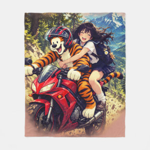 Anime schoolmeisje en tijger op motorfiets – fleece deken