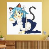 Anime schoolmeisje kat op haar knieën in meid jurk canvas afdruk (Insitu (Woonkamer))