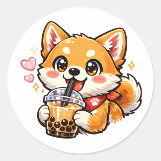 Anime Shiba Inu die bubbletee drinkt Kawaii sticke Ronde Sticker