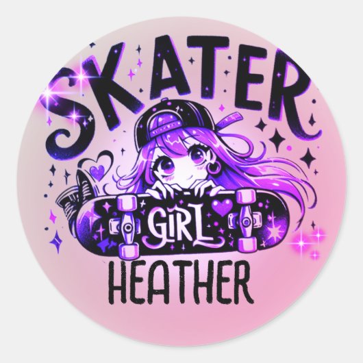 Anime Skater Girl Verjaardagsfeestje Skateboarden Ronde Sticker (Voorkant)