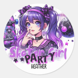 Anime Skater Meisje Verjaardag Party Skateboarden Ronde Sticker