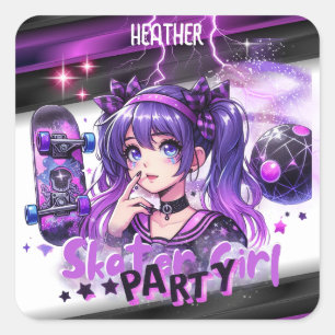 Anime Skater Meisje Verjaardag Party Skateboarden Vierkante Sticker