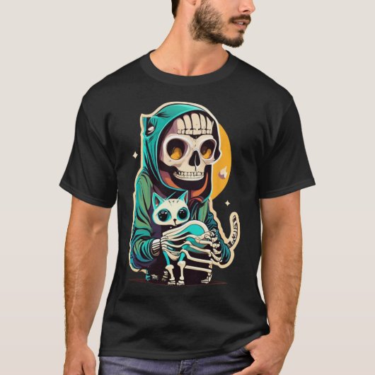 Anime skelet met een kat Shirt Lazy Halloween (Voorkant)