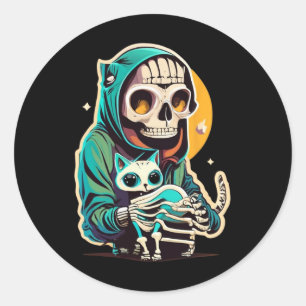Anime skelet met een kat Shirt Lazy Halloween Ronde Sticker
