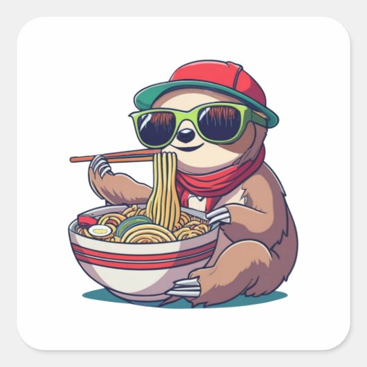 Anime Sloth Eating Ramen Vierkante Sticker (Voorkant)