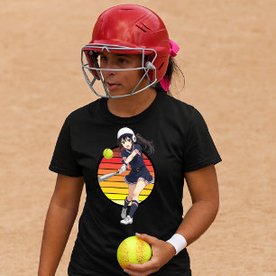 Anime Softbal Meisje Op Retro Zonsondergang Sjablo T-shirt