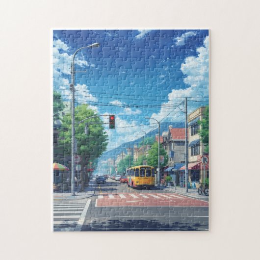 Anime Stad Straat Legpuzzel – Helder Zomer Naar (Verticaal)
