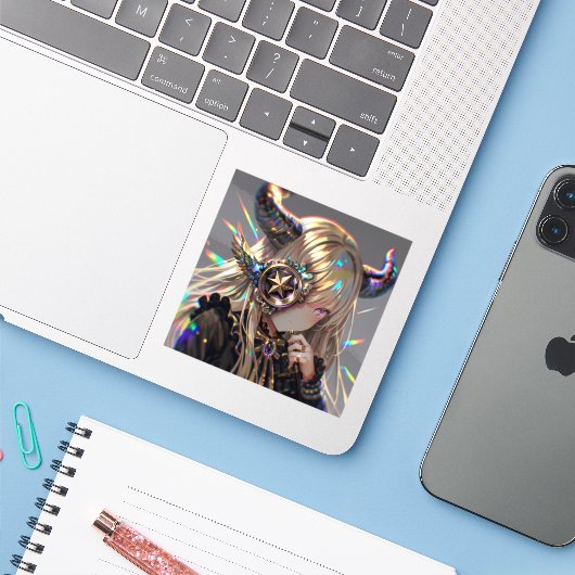 Anime Steampunk Horned Beauty beroemd gemaakt door Sticker (Laptop met iPhone)