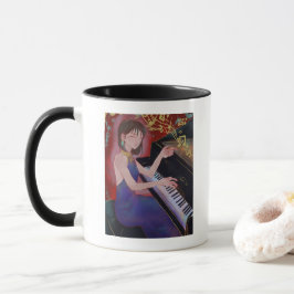 Anime stijl meisje dat piano speelt elegante muzie mok