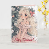 Anime-stijl Meisje en kerstboom Kaart (Gele Bloem)