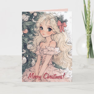 Anime-stijl Meisje en kerstboom Kaart
