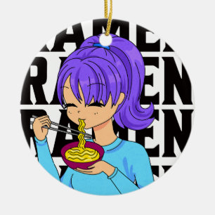 Anime stijl meisje eten Noedels zwarte tekst Keramisch Ornament