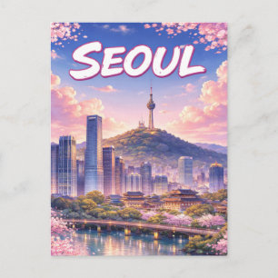 Anime stijl Seoul Zuid-Korea Silhouet van de stad  Feestdagenkaart