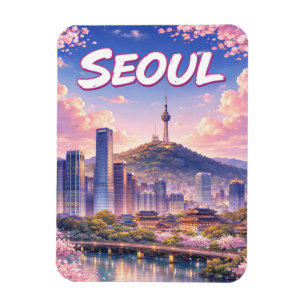 Anime stijl Seoul Zuid-Korea Silhouet van de stad  Magneet